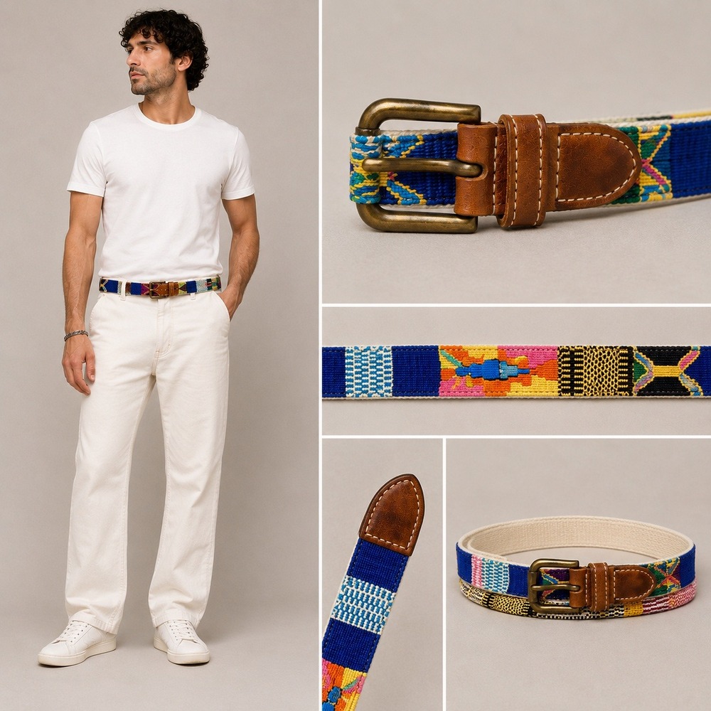 Mens Multicolor Vintage 90s Mayan Textile Leather Belt USA Vintage Western 40